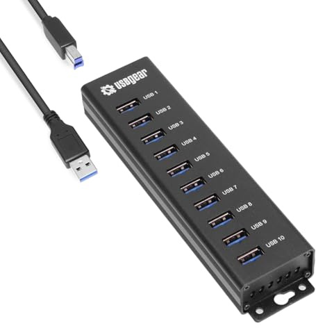USBGear 10-Port USB Hub 3.2 Gen 1 – Mountable SuperSpeed Data Hub with USB Ports for Laptop, PC, Desktop, and More, 5V/4A Power Adapter with Type-A to Type-B Cable (3ft), Computer Accessories