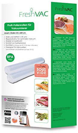 FreshVac Folienrollen 30x600 cm, 2 Stück für Ihren Vakuumierer, starke & reißfeste Vakuumbeutel (Materialstärke ca. 140 µm), BPA-frei, ideal für SousVide Garen