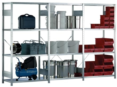 META 1370041 Lagerregal mit 4 Böden, 150 Clip Set, Grundregal 2000 mm x 1000 mm x 500 mm, Verzinkt