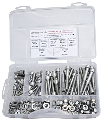Set DIN 912 Zylinderkopfschrauben M6 Edelstahl A2 mit Muttern + Scheiben | Set Zylinderschrauben Innensechskant DIN 912 Sechskant DIN934 Scheiben DIN 125 InnenM6 V2A A2 VA 200 Teile
