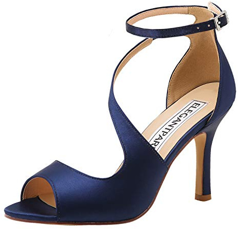ELEGANTPARK HP1565 Wedding Sandals for Bride Peep Toe Heels for Women Sexy Ankle Strap High Heel Bridal Shoes Satin Prim Evening Party Dress Sandals Summer Navy Blue US 7