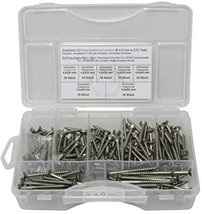Sortiment Edelstahl Schrauben A2 Durchmesser 4,0 mm, 210 Teile ; Holzschrauben/Spanplattenschrauben mit verstärktem Kopf; Material: VA V2A