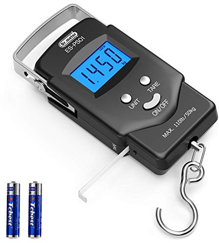 Dr.meter Kofferwaage digital mit Haken (PS01), 110 lb/50 kg Fischwaage, Kofferwaage mit LCD-Display, Maßband, tragbare Gepäckwaage, 2 AAA-Batterien, Angeln Geschenke für Männer