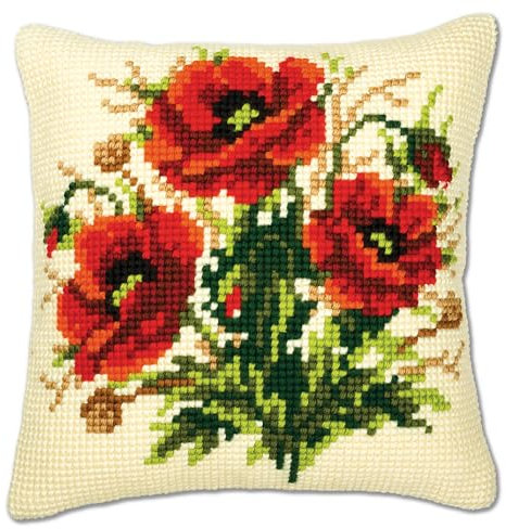 VERVACO Kreuzstich Stickpackungen Kissen Stickerei Set Anfänger Vorgedruckt Blumenstrauß aus Mohn DIY Set Kreativ Set Für Erwachseneca. 40 x 40 cm Bastelset Handwerker Haus Dekoration