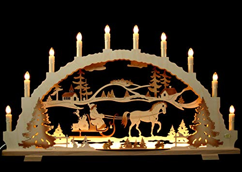 Großer Schwibbogen 70cm - Weihnachtsmann auf Schlitten mit Pferd - Handarbeit Erzgebirge