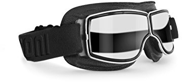 Gafas Moto Vintage de Piel Negra y Montura Cromo - Ventilación Anti-Vaho - by Bertoni Italy - AF188 - Gafas Motoristas para Cascos Moto Harley y Chopper (Lente Transparente)