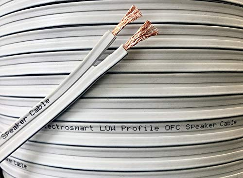 electrosmart 10m Low Profile Flat White Copper OFC Loud Speaker Cable | Oxygen Free Copper Multi-Strand 158 (2x 79 Strand) , Outside Dimensions of Cable: 1.7mm x 10mm