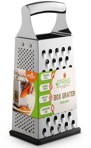 Spring Chef Professional Large Parmesan Cheese Grater, Stainless Steel Metal Box Grater with Handle, 4 Sided Handheld Kitchen Food Shredder for Cheese, Carrot, Veggie, Ginger, Potato - Dishwasher Safe