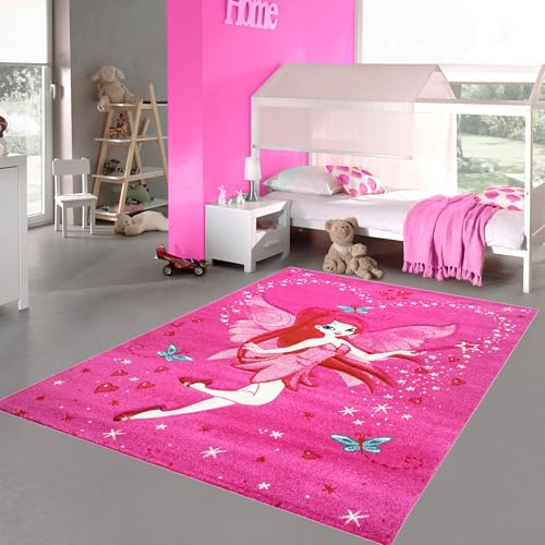 Teppich-Traum Kinderteppich 140x200 cm Mädchenzimmer Rosa Pink Feen Motiv mit Schmetterlingen Sternen Weich Pflegeleicht Spielteppich Kinderzimmer Babyzimmer Dekoteppich Modern Groß