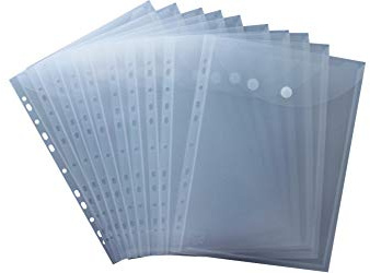 EXXO by HFP 35461 Prospekthülle mit Klappe und Abheftrand, 10 Stück, 310 x 235 mm, transparent natur | Reißfeste PP‑Taschen mit Klettverschluss und EURO‑Lochung – schützen A4‑Unterlagen und bieten schnellen Überblick