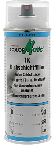 COLORMATIC 375354 1K Dickschichtfüller Hellgrau 400 ml - Sprühfüller | Extrem hohe Füll- & Deckkraft, silikonentfernerbeständig, für Nass- & Trockenschliff, Stahl, Aluminium, Kunststoff
