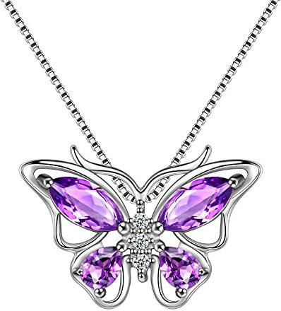 Aurora Tears 925 Sterling Silver Butterfly Necklaces February Birthstone Purple Amethyst Pendant Jewelry Necklace for Women Girls DP0013P