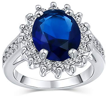 Classico Tradizionale 5CTW Royal Blue CZ Corona Halo Ovale Cubic Zirconia Zaffiro Simulato Anello Di Fidanzamento Per Donne Pietre Laterali Anello Di Promessa Placcato In Argento Personalizzabile