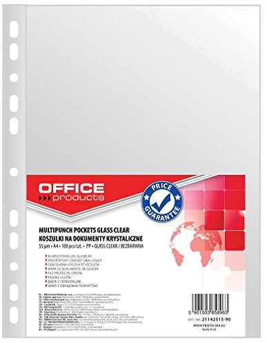 OFFICE PRODUCTS Kataloghüllen Prospekthüllen / Din A4/ Glasklar Kristallklar Oben Offen Klarsichthüllen Sicht-Hüllen Gelochte Plastikhülle /PP/ Transparent 55 Mikron, 100 Stück (1er Pack)