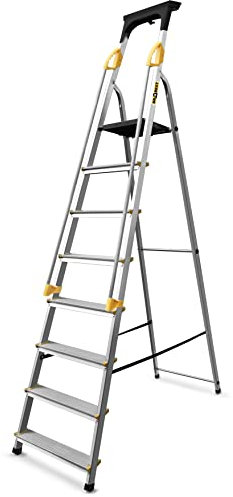 DRABEST Leiter PRO Serie Klapptrittleiter mit Sicherheits Handläufen Aluleiter 8 Stufen Trittleiter bis 150 kg belastbar