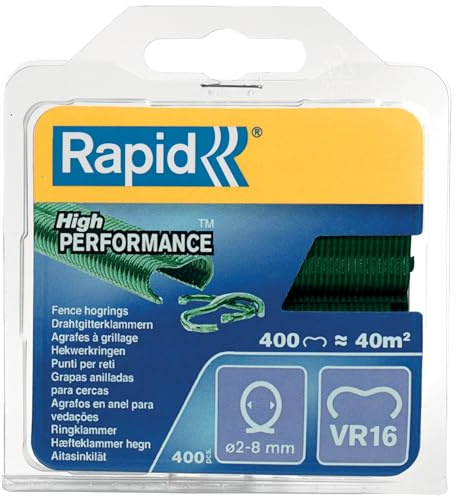 Rapid Zaun-Ringklammern VR16 grün, 400 Stk. für Maschendrahtzaun | Für Ø 2–8 mm Drähte; kunststoffummantelt; grün; 400 Stk.; kompatibel mit FP20 & FP216 Rapid Zaunzangen