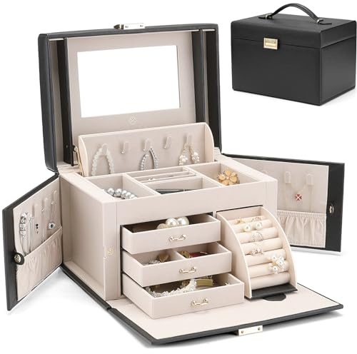 Vlando Boîte à bijoux baroque pour filles et femmes avec miroir, 3 tiroirs pour bracelets, boucles d'oreilles, bagues, colliers, cadeau de fête des mères pour un être cher, noir