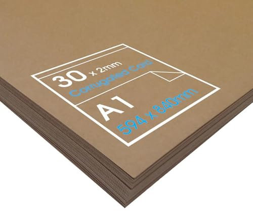 Artway A1 Corrugated Cardboard - Ideal for Arts and Crafts, Model Making, Displays and 3D Applications - 2mm Thick (E Flute/300gsm Kraft Outer Surface) - A1 (30 Sheets), brown
