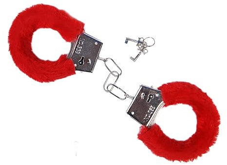 PartyDeco -KJD-007 Menottes de poignet avec peluche pour homme, femme, rouge, KJD-007
