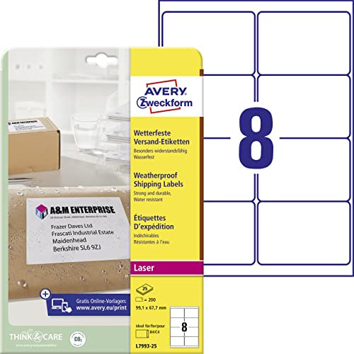 AVERY Zweckform L7993-25 wetterfeste Versandetiketten/ Versandaufkleber (200 Etiketten, 99,1 x 67,7mm auf DIN A4, bedruckbar, selbstklebend, für DIN B4/C4 Umschläge und Versandrollen) 25 Blatt, weiß