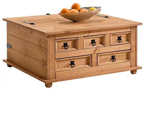 IDIMEX Mexico Möbel Truhentisch Tequila Couchtisch Truhe Wohnzimmertisch Beistelltisch im Mexiko Stil mit 5 Schubladen in Natur