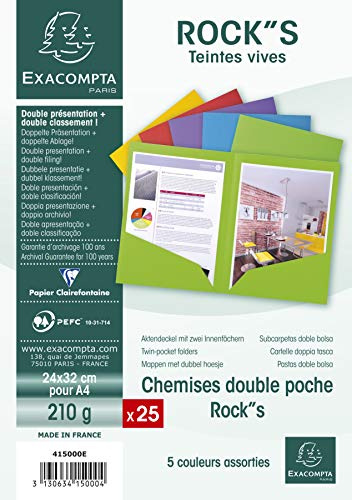Exacompta 415000E - Lote de 25 Subcarpetas Dobles RockS 210 con Solapas Inferiores, Colores Surtidos