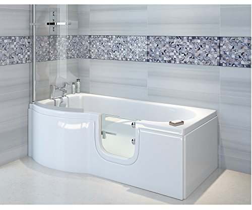 Badewanne mit Tür, Seniorenbadewanne 167,5x85/75x53cm mit Duschkabine,Wannenschürze und Ablauf/Sifon, Ausführung LINKS