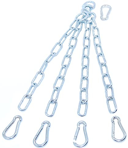 Kette für Boxsack/Sandsack. Die ideale Befestigung für den Sportraum Daheim, mit Drehwirbel, 4 mittleren und 1 großen Karabinerhaken zum schnellen Aufhängen an der Decke. Hochwertige Verarbeitung.