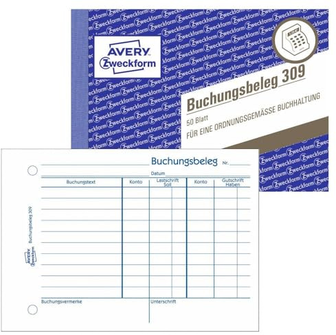 AVERY Zweckform 309 Buchungsbeleg (A6quer, mikroperforiert, von Rechtsexperten geprüft, für Deutschland zur lückenlosen Buchhaltung, mit T-Konto, Buchungstext inkl. Unterschriftenzeile, 50Blatt) weiß