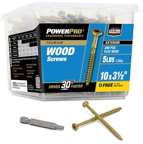 Power Pro 48614 Wood Screws, 10 x 3-1/2, Premium Outdoor Deck Screws, Rust Resistant, Epoxy Coated Bronze, 5lb Tub, 295 pcs