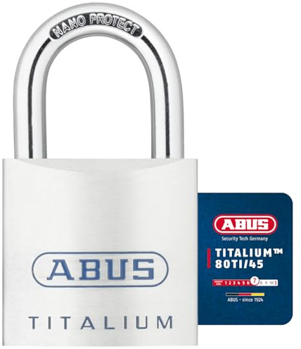 ABUS Titalium hänglås 80TI/45 gl.-8012 – samma låsning – källarlås med lätt, fast låskropp av speciell aluminium – ABUS-säkerhetsnivå 7 – silver