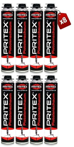 PRITEX – Pistolenschaum 8 x 750 ml zum Verfüllen, Dämmen & Abdichten – Montageschaum mit hervorragender Schall- & Wärmedämmung – Bauschaum für Montagepistole
