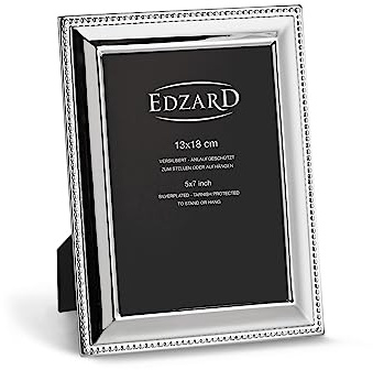 EDZARD Bilderrahmen Perla (Foto 13x18 cm) versilbert anlaufgeschützt | Silberrahmen für Fotos 13x18 cm, mit Perlenrand, Samtrücken, 2 Aufhänger, zum Stellen und Hängen, Fotorahmen
