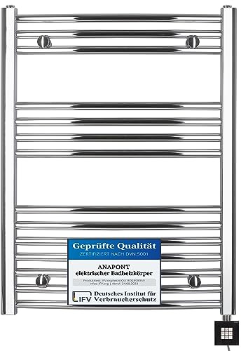 anapont elektrischer Badheizkörper - chrom gebogen - Timer-Funktion - Handtuchheizkörper - Badheizung elektrisch - Handtuchheizung - Made in Germany (KTX-2, 775h x 500b)