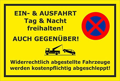 Melis-Folienwerkstatt Parken verboten Schild – EIN-und Ausfahrt Tag und Nacht freihalten - auch gegenüber – 30x20 cm – 3mm Hartschaum – Verschiedene Größen und Materialien – Mit Bohrlöchern