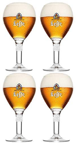 Official Leffe Chalice - Juego de 4 vasos de tallo grande - 33 cl cada uno - Perfecto para Leffe Blonde, Brown, Ruby, doble, triple + 4 alfombrillas de cerveza
