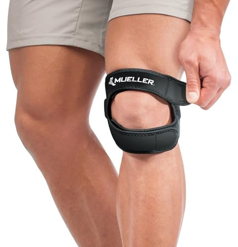 MUELLER Sports Medicine Adjustable Max Knee Single Strap, Knee Pain Relief Support for Men and Women, Ideal for Osgood-Schlatter's, Runner's Knee, Patellar Tendinitis, Black, Large/X-Large