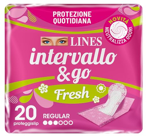 LINES INTERVALLO & GO FRESH, salvaslip per piccole perdite, proteggislip ripiegato in bustina, protezione e freschezza quotidiana, neutralizza odori, essenza floreale