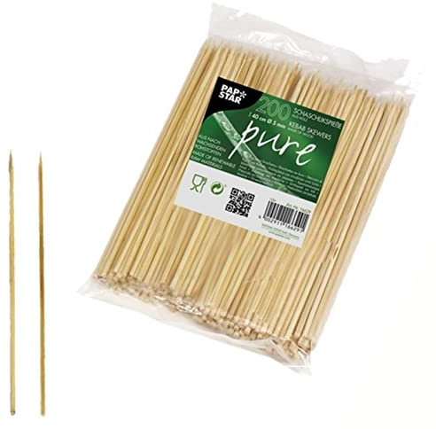 Papstar Schaschlikspieße / Holzspieße pure (200 Stück) aus stabilem Birkenholz, extra große Länge 40 cm, Durchmesser 0.5 cm, einseitig spitz, flache Seite zum Greifen, für Partys/Grillfeste, #16629