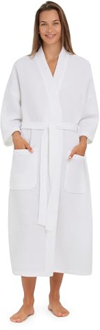 MONARCH Square Waffle Spa Kimono Robe for Men or Women – Soft Lightweight Textured Fabric with Classic Kimono Design, Generously Sized Hotel & Spa Robe with Pockets – Machine Washable (Large, White)