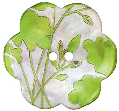 Knopf 2-Loch, Blume Perlmutt grün/silber