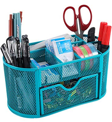 Geniric Organiseur de bureau multifonction - Pot à crayons en maille bleu