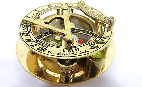 Fascinating Solid Brass Sundial Clock with Inset Compass & Engraved Vane. 3 Inches