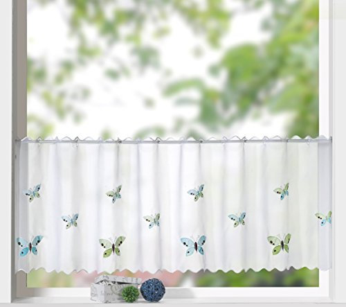 heimtexland Scheibengardine Panneaux Stickerei Applikation Schmetterling in grün blau türkis HxB 45x150 cm Gardine Voile in weiß chic Bestickt Typ328