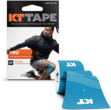 KT Tape, Pro Synthetic Kinesiology Athletic Tape, 20 Count, 10” Precut Strip, Laser Blue