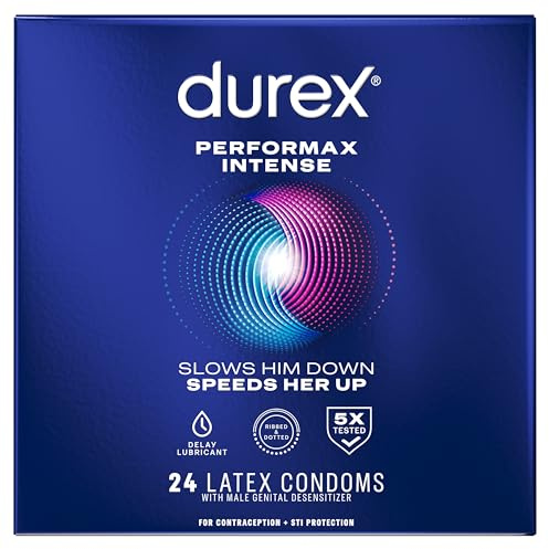 Durex Performax Intense Natural Rubber Latex Condoms, Regular Fit, 24 Count, Contains Desensitizing Lube for Men, (Packaging May Vary)