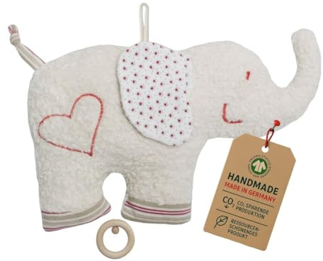 Efie Bio-Spieluhr Elefant – handgefertigt in Deutschland – 100 % Baumwolle (KBA), Füllung Schurwolle (kbT), GOTS-Zertifiziert - Melodie: Mozart | Schlafe Mein Prinzchen