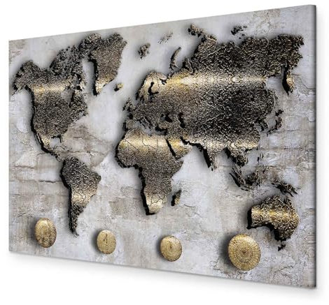 B&D XXL - Wandbilder XXL Weltkarte 90x60 cm 1 tlg - Wand Deko Vlies Leinwand Bilder Groß Wanddeko Wohnzimmer Schlafzimmer Kunstdrucke - Landkarte Abstrakt Kontinente Textur grau