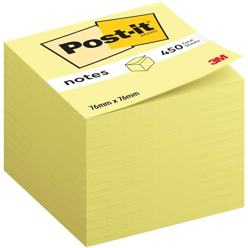 Post-it Notes Würfel, 450 Blatt, 76 mm x 76 mm, Gelb | Selbstklebende Haftnotizen, Praktische Klebezettel für Bürobedarf, Meetings, Erinnerungen, To-Do-Listen und zum Organisieren