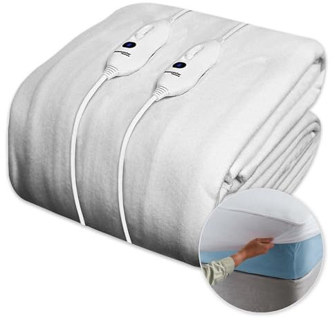 Dreamcatcher Electric Blanket King Size 203x152cm, Fully Fitted Soft Polyester Electric Blanket, Underblanket Mattress Cover, 3x Heat Settings, 2x Controllers and Machine Washable White Heated Blanket